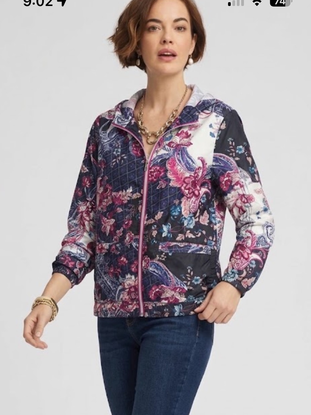 ZEnergy by Chico's size 1/M Navy and Pink Quilted Floral windbreaker Jacket